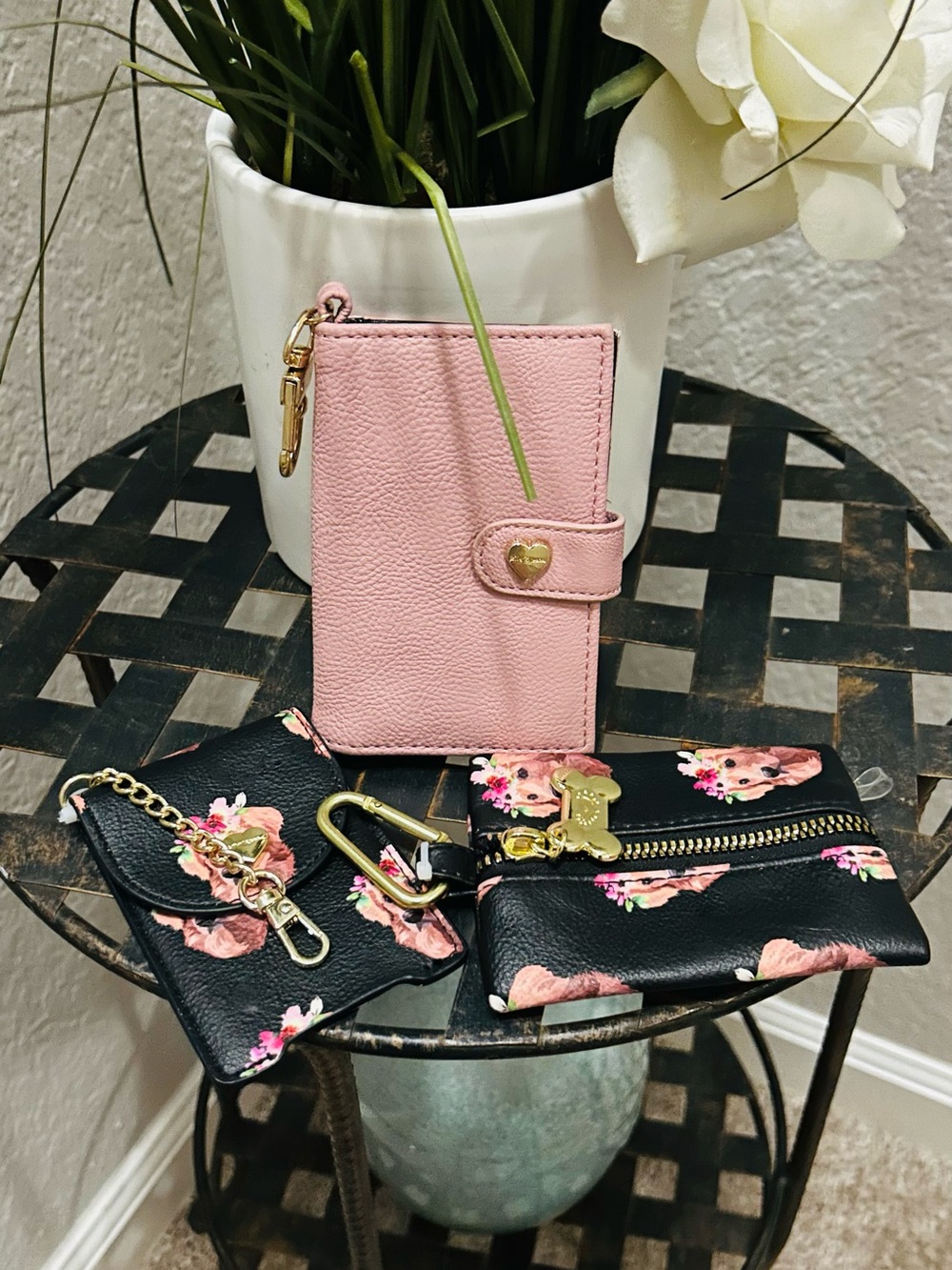 Betsey Johnson Pink Card Holder with Black Floral Key Pouches